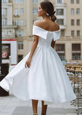 Evangeline | Elegant A Line Off the Shoulder Strapless White Satin Midi Wedding Dress - Price #price_variant_lowest# - White - PromDressClub